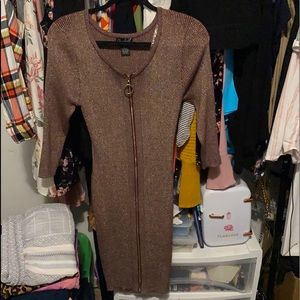 A burgundy and gold mini dress that have mid-length sleeve.